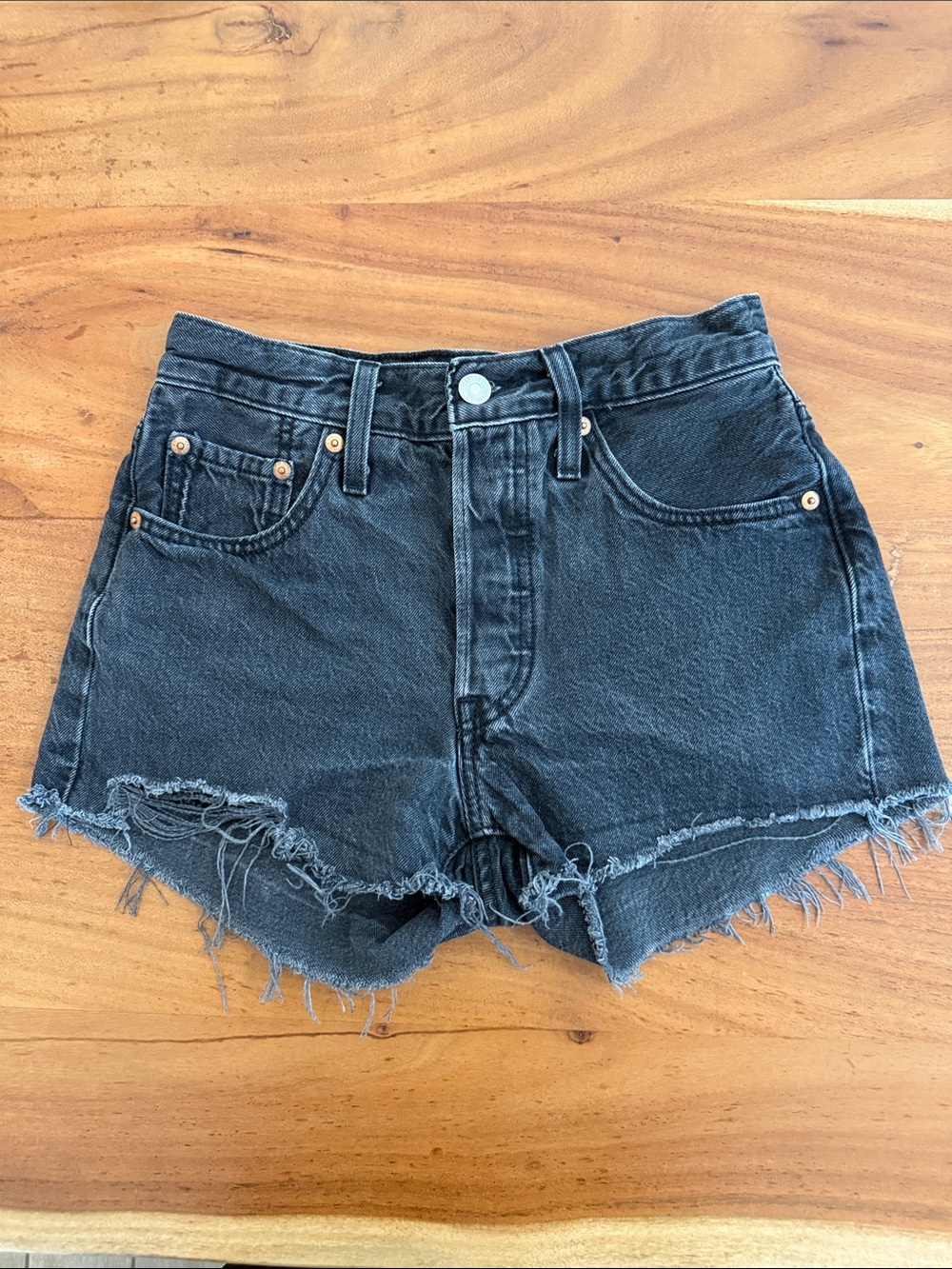 Levi's 501 Black Washed Denim Frayed Hem Shorts